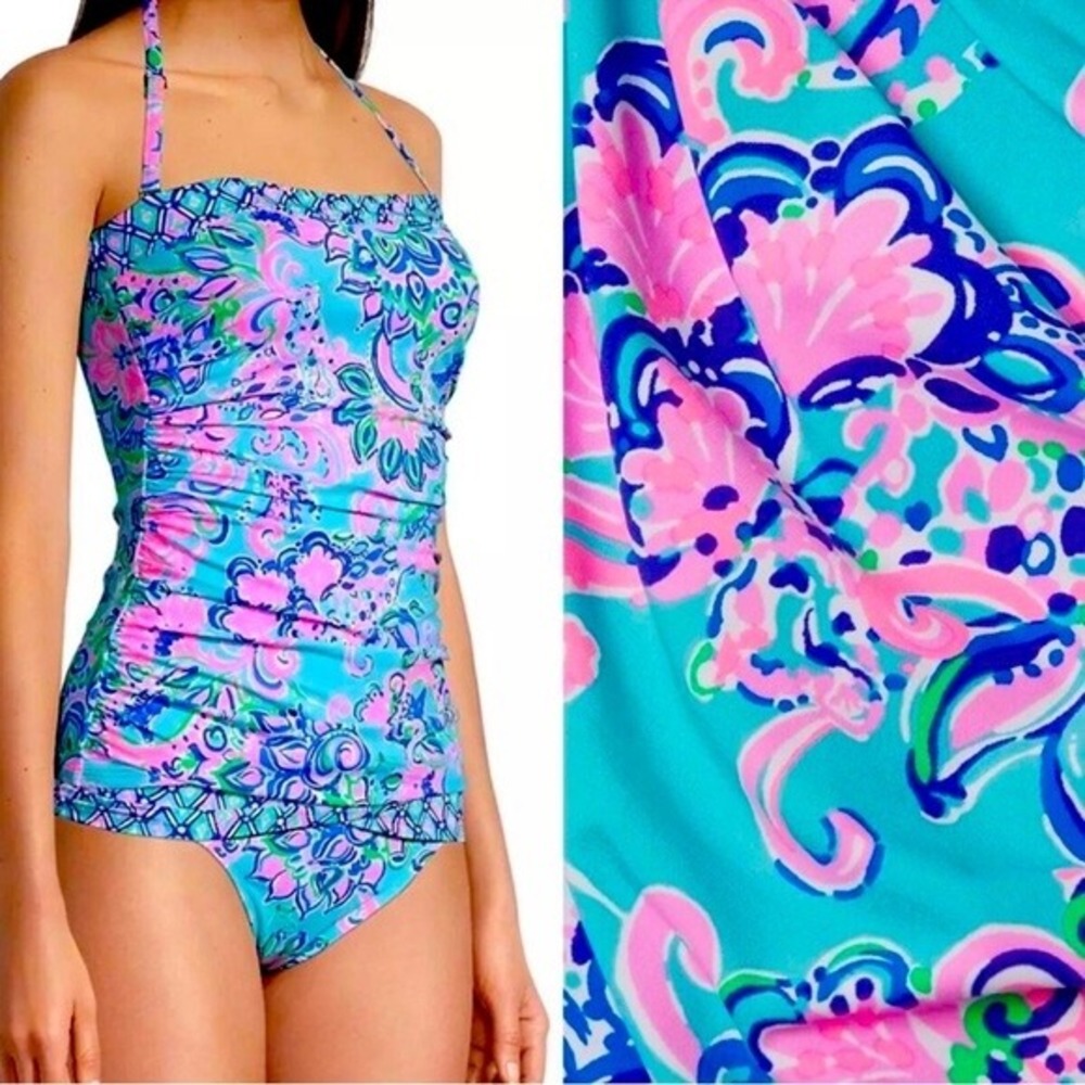 Lilly Pulitzer Tankini Top Size 2 Turquoise Pink Floral Ruched Halter Swimwear